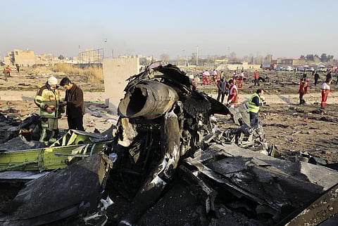Debris at the scene where a Ukrainian plane crashed in Shahedshahr southwest of the capital Tehran, Iran. (Photo | AP)