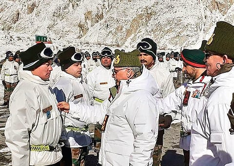 Army Chief General Manoj Mukund Naravane meets jawans at Siachen. (Photo | PTI)