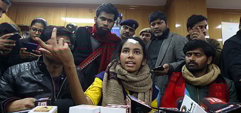 JNUSU president Aishe Ghosh along with other students addresses the media on January 10, 2020. (Photo | Shekhar Yadav, EPS