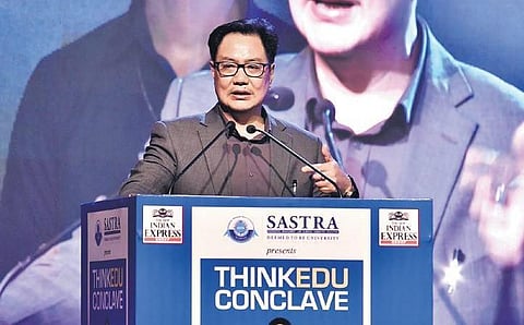 Union Sports Minister Kiren Rijiju speaks on the second and final day of The New Indian Express ThinkEdu Conclave in Chennai on Thursday. (Photo | EPS/P Jawahar)