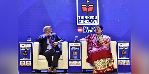 Union Minister Smriti Irani with Prabhu Chawla, Editorial Director of The New Indian Express at the ThinkEdu Conclave 2020. (Photo | P Jawahar, EPS)