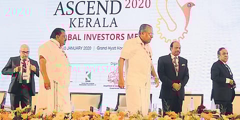 Chief Minister Pinarayi Vijayan, Industries Minister E P Jayarajan, second left, Chief Secretary Tom Jose, left, and industrialists Yusuffali M A, second right, and Ravi Pillai at the Global Investor Meet ASCEND-2020 in Kochi  on Thursday |  A Sanesh