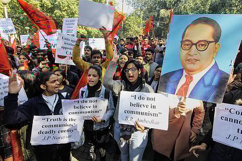 ABVP supporters participate in a rally in support of CAA and NRC at Delhi Univeristy in New Delhi Saturday Jan. 11 2020. (Photo | PTI)