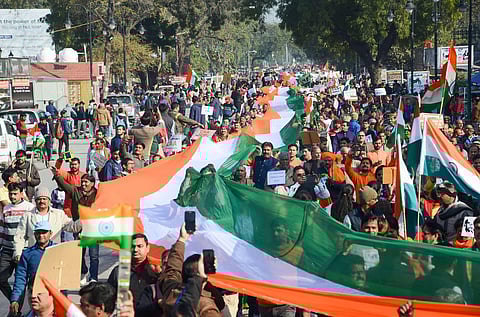 BJP supporters take part in 'Tiranga Yatra' in support of CAA and NRC in Praygaraj Saturday Jan. 11 2020. (Photo | PTI)