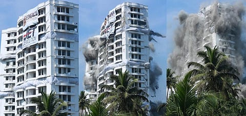 Two high rise apartment complexes were demolished on Saturday using controlled implosion as authorities began implementing the Supreme Court order to bring down four water-front structures in Maradu municipality in Kerala's Kochi. (Photo | Arun Angela, EP
