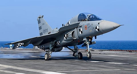 The naval version of India s indigenous Light Combat Aircraft LCA made its first arrested landing on the deck of India's aircraft carrier INS Vikramaditya Saturday Jan. 11 2020. (Photo | PTI)