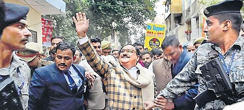 Several BJP heavyweights, led by Union Home Minister Amit Shah and working president JP Nadda (in pic) have been going door to door in the city. (File photo | PTI)