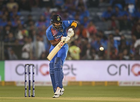 Indian batsman K L Rahul plays a shot during the third T20 match between Sri Lanka and India at Maharashtra Cricket Association Stadium in Pune. (Photo | PTI)