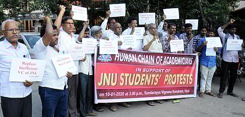 Academicians formed a Human Chain in support of striking JNU students in Hyderabad on Friday| RVK Rao