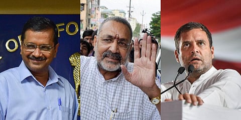 (From L) Delhi CM Arvind Kejriwal, Union Minister Giriraj Singh and former Congress president Rahul Gandhi (Photo | PTI)