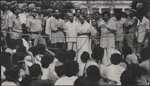 File Photo of Indira Gandhi is standing before large crowd with folded arms while next to her, Yechury is reading from a paper. (Twitter)