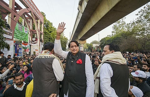 Congress MP Shashi Tharoor during a demonstration against Citizenship Amendment Act outside Jamia Milia Islamia University in New Delhi. (Photo | PTI)