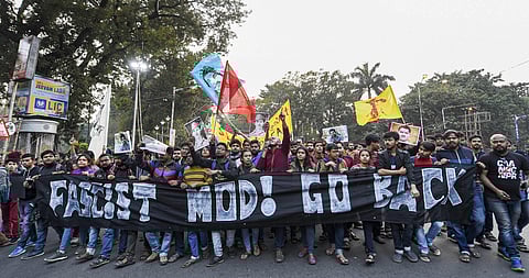Students during a protest against Prime Minister Narendra Modi's visit in Kolkata Saturday Jan. 11 2020. (Photo | PTI)