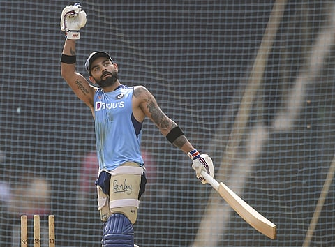 Indian captain Virat Kohli gestures during a training session ahead of the first one day international cricket match against Australia at Wankhede Stadium in Mumbai. (Photo | PTI)
