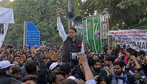 Congress MP Shashi Tharoor during a demonstration against Citizenship Amendment Act outside Jamia Milia Islamia University in New Delhi. (Photo | Arun Kumar, EPS)