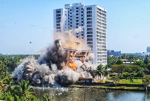 The 16-storey Golden Kayaloram, which housed 40 apartments -- came crumbling down like a pack of cards at 2.15 pm on Sunday, ending the two-day long demolition spree and a culmination of dramatic events. (Photo | A Sanesh, EPS)