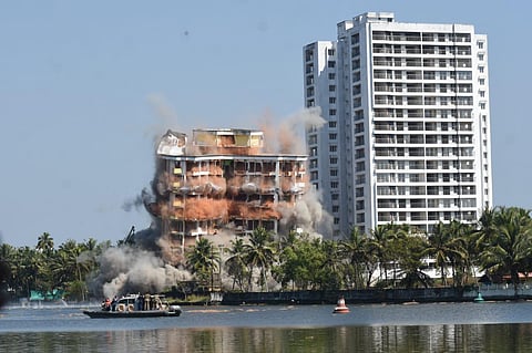 The 16-storey Golden Kayaloram being exploded as part of the SC order to demolish illegal Maradu high rises. (Photo | B P Deepu, EPS)