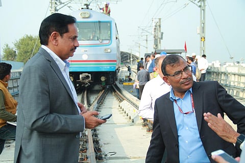 Commissioner of Metro Rail Safety JK Garg inspecting a metro track along with HMRL MD NVS Reddy in Hyderabad on Sunday| Express