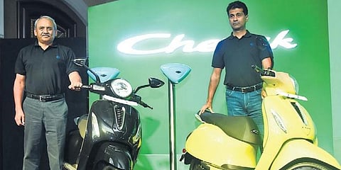 Bajaj Auto MD Rajiv Bajaj and executive director Rakesh Sharma launch Chetak (Photo | EPS)