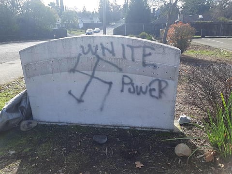 The gurdwara slab with 'White Power' written over it (Photo| Twitter/ @sikh_coalition)