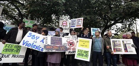 JNU teachers protesting inside the university. (File | EPS)