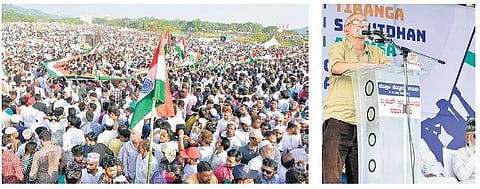 A sea of anti-CAA protesters gather at Adyar in Mangaluru on Wednesday; Activist-cum-author Harsh Mander addresses  the rallyists, says CAA poses threat to country’s unity | Rajesh Shetty Ballalbagh
