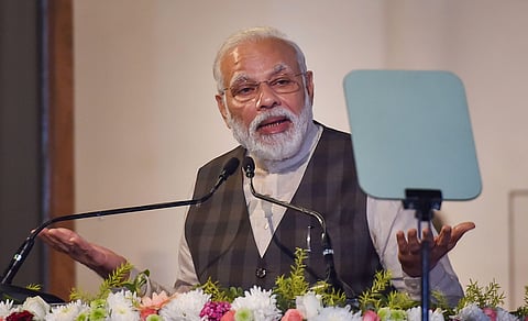 Prime Minister Narendra Modi addresses at restored 'Old Currency Building' during inauguration of 'Ghare-Baire'- an exhibition of art in Kolkata Saturday Jan. 11 2020. (Photo | PTI)