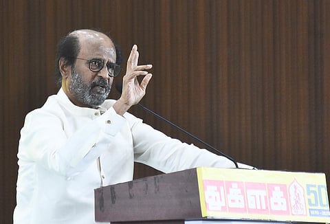 Rajinikanth at the 50th Anniversary celebration held at Kalaivanar Arangam in Chepauk. (Photo | EPS/Ashwin Prasath)