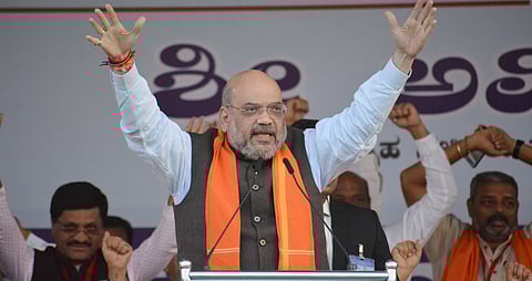 Home Minister Amit Shah during his speech in Hubballi (Photo | EPS)