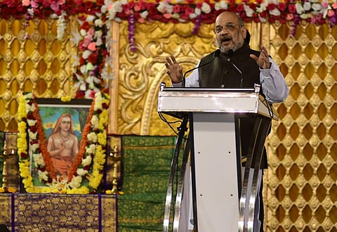 Home minister Amit Shah addressing crowd at  Palace Grounds in Bengaluru. (Photo | Shriram BN, EPS)