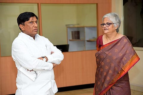 Vice-chairman of the State Planning Board, B Vinod Kumar and CSD director, Professor Kalpana Kannabiran, in Hyderabad on Saturday| Express