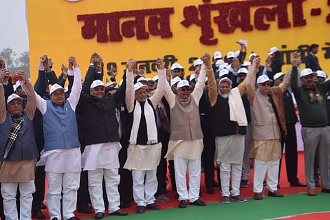 Nitish Kumar and other leaders of the NDA coalition share the stage at Gandhi Maidan during the human chain event.(Photo | EPS/Ranjit K Dey)