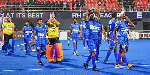 Indian players celebrates after win the match against Netherland during 2020 FIH Pro League Men match at Kalinga stadium in Bhubaneswar. (Photo | PTI)