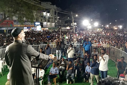 AIMIM chief Asaduddin Owaisi addressing a election gathering at Kamareddy district on Saturday