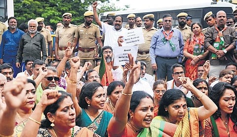 BJP party workers stage a protest demanding the arrest of Nellai Kannan in Chennai | DEBADATTA MALLICK