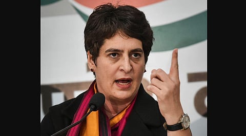 AICC general secretary Priyanka Gandhi Vadra addresses a press conference at the party office in Lucknow. (Photo | PTI)