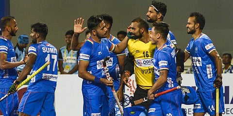 Indian players celebrate their win over Netherlands in the FIH Pro League Men 2020 hockey match at Kalinga Stadium in Bhubaneswar. (Photo | PTI)