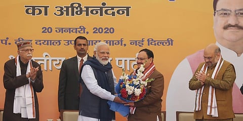 PM Modi felicitates JP Nadda who was elected as BJP President on Monday. (Photo | EPS)