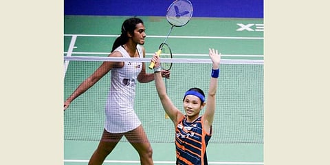 Badminton stars PV Sindhu and Tai Tzu-ying (Photo | AFP)