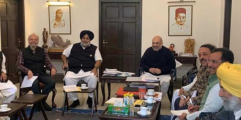 Akali Dal President Sukhbir Singh Badal with BJP President Amit Shah (File photo | Twitter)