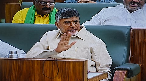 Screengrab of former Andhra Pradesh CM N Chandrababu Naidu during assembly session on capital issue in Velagapudi on Monday. (Photo| EPS)