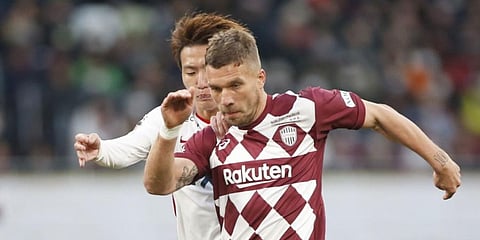 Vissel Kobe's Lukas Podolski controls the ball against Kashima Antlers during the recently concluded Emperor's Cup soccer final at the national stadium. (Photo | AP)