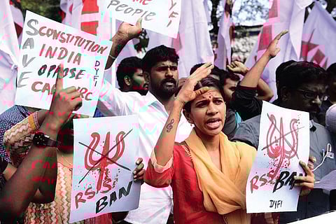 Members of DYFI protesting against CAA at Rajarathinam Stadium in Chennai on Tuesday. (Photo | Debadatta Mallick/EPS)