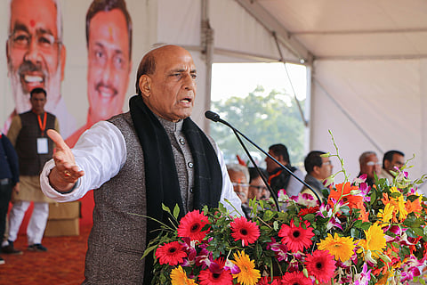 Union Defence Minister Rajnath Singh speaks during a pro-CAA rally in Meerut, Wednesday, Jan. 22, 2020. (Photo | PTI)