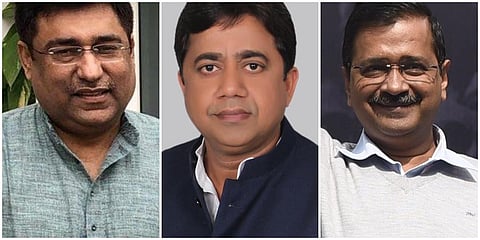 Romesh Sabharwal (L), Sunil Yadav (C) and Delhi CM Arvind Kejriwal. (Photo| Twitter, Facebook and EPS)