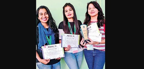 Anuja Premika, Desiree D’souza and Neha Joshi from St.Francis Hyderabad who have received a special mention from the Jury for their documentary film titled Unfair.  (Photo | EPS)