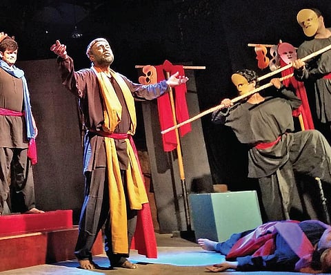 Artistes of Shudrka-Hyderabad theatre group staging a play ‘Ek Durachari Raja’ at Lamakaan in Banjara Hills recently.