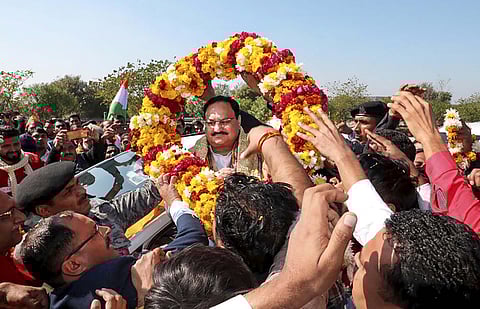 BJP National President JP Nadda being garlanded enroute Agra from Delhi, Thursday, Jan. 23, 2020. (Photo | PTI)