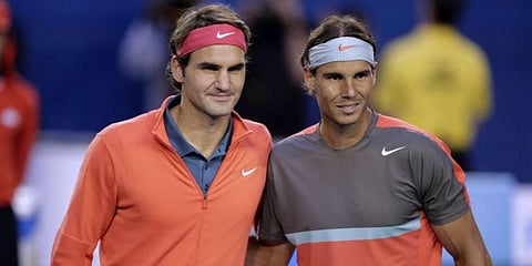 Tennis legends Rafael Nadal (R) and Roger Federer (Photo | AP)