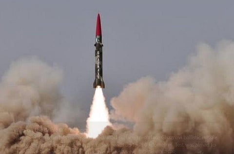 The nuclear-capable 'Ghaznavi' missile. (Photo | Twitter @WarsontheBrink)